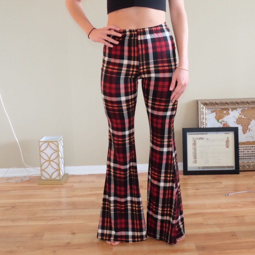 Medium - plaid flare pants. Very light material.